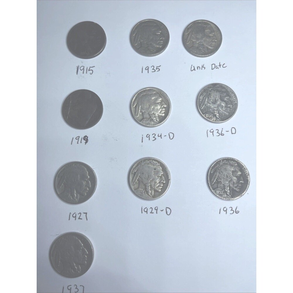 Lot of 10 Buffalo Indian Head Nickels 1915 1918 1927 1929-D 1934-D 1935 1936-D